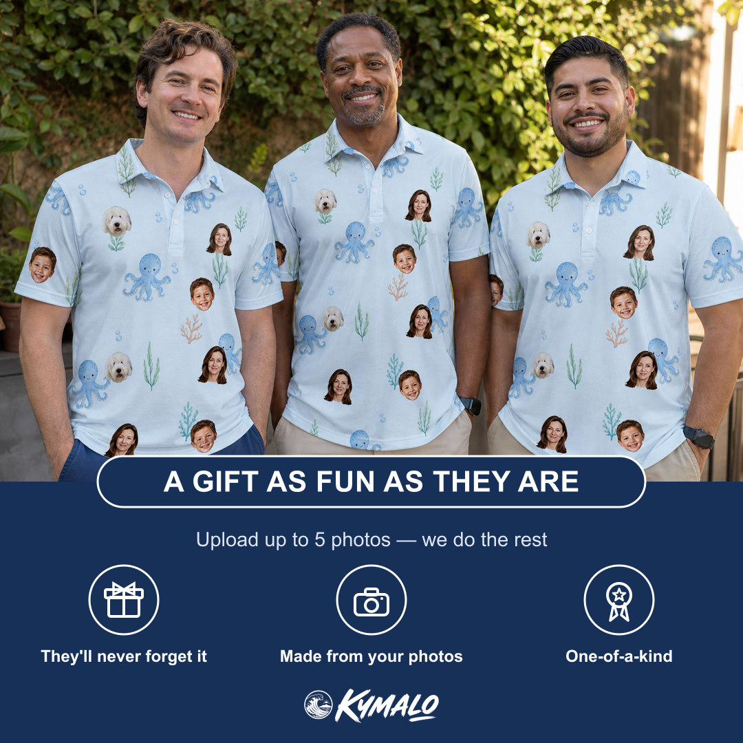 Friends in matching Men's Tentacle Tickle Custom Face Polo Shirt — a group gift photo