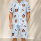 Model wearing Men's Tentacle Tickle Custom Face Shirt & Shorts Set printed with kids' faces