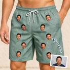 Man wearing Men's Jelly Jaunt Custom Face Beach Shorts — custom faces printed all-over