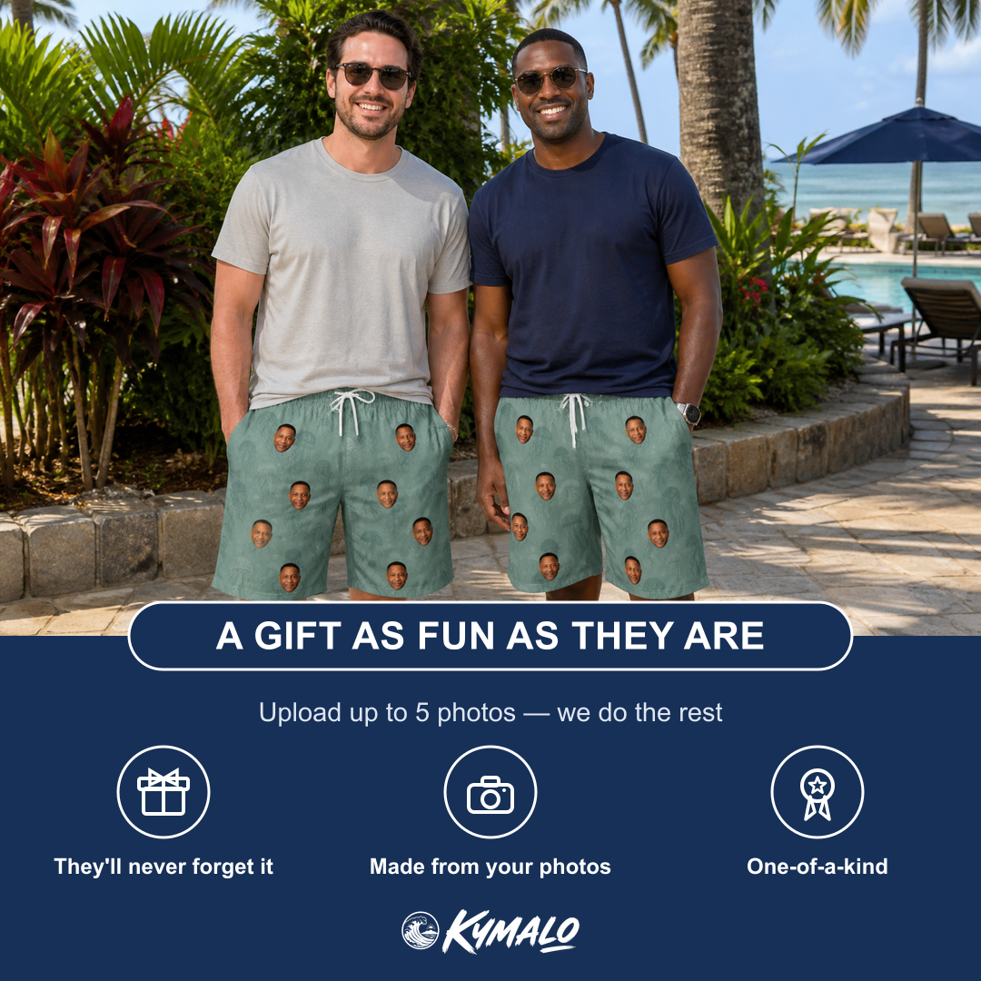 Friends in matching Men's Jelly Jaunt Custom Face Beach Shorts — a group gift photo