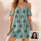 Woman wearing Women's Jelly Jaunt Custom Face Off-Shoulder Dress — custom faces printed all-over