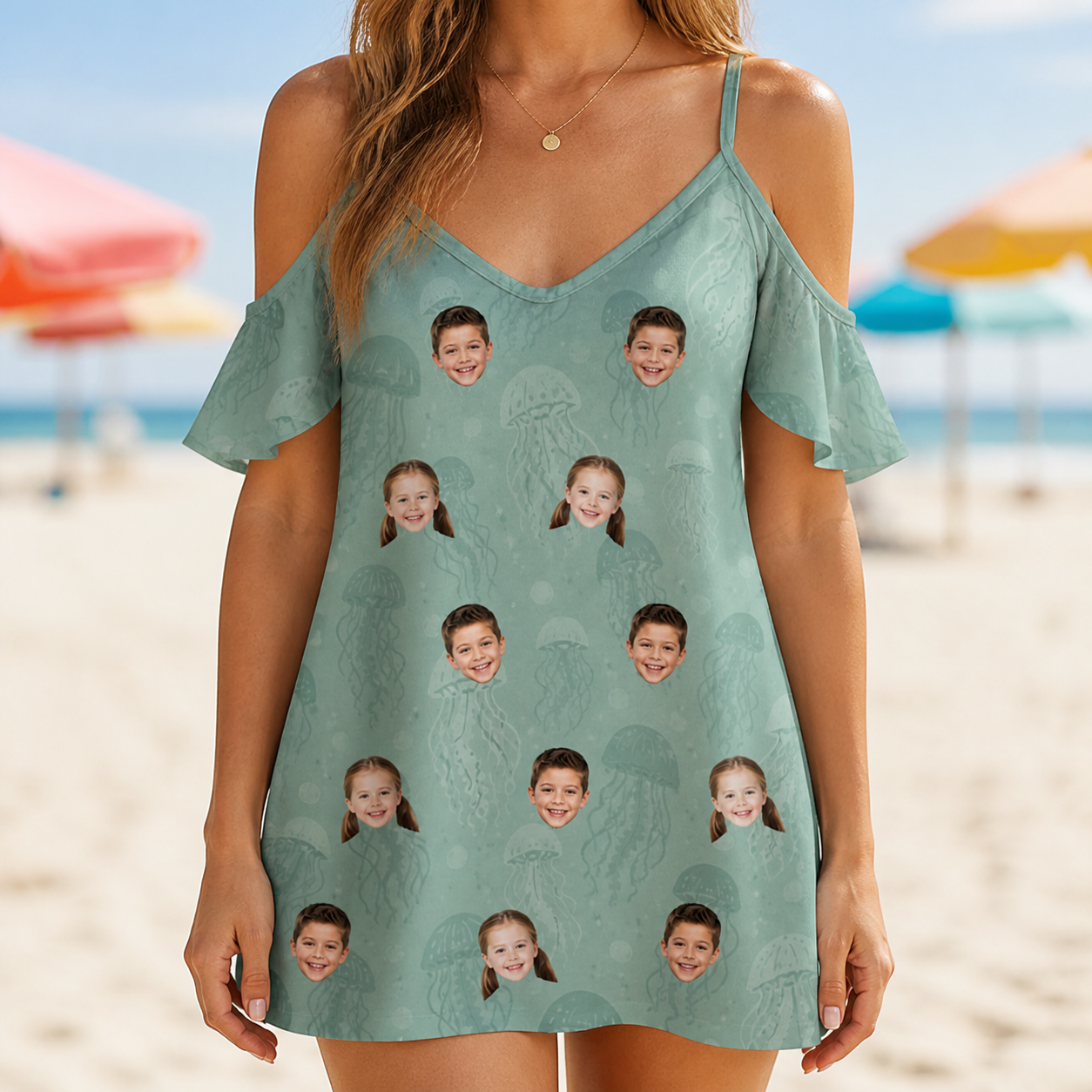 Model wearing Women's Jelly Jaunt Custom Face Off-Shoulder Dress printed with kids' faces