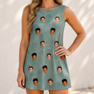 Model wearing Women's Jelly Jaunt Custom Face Tank Dress printed with kids' faces