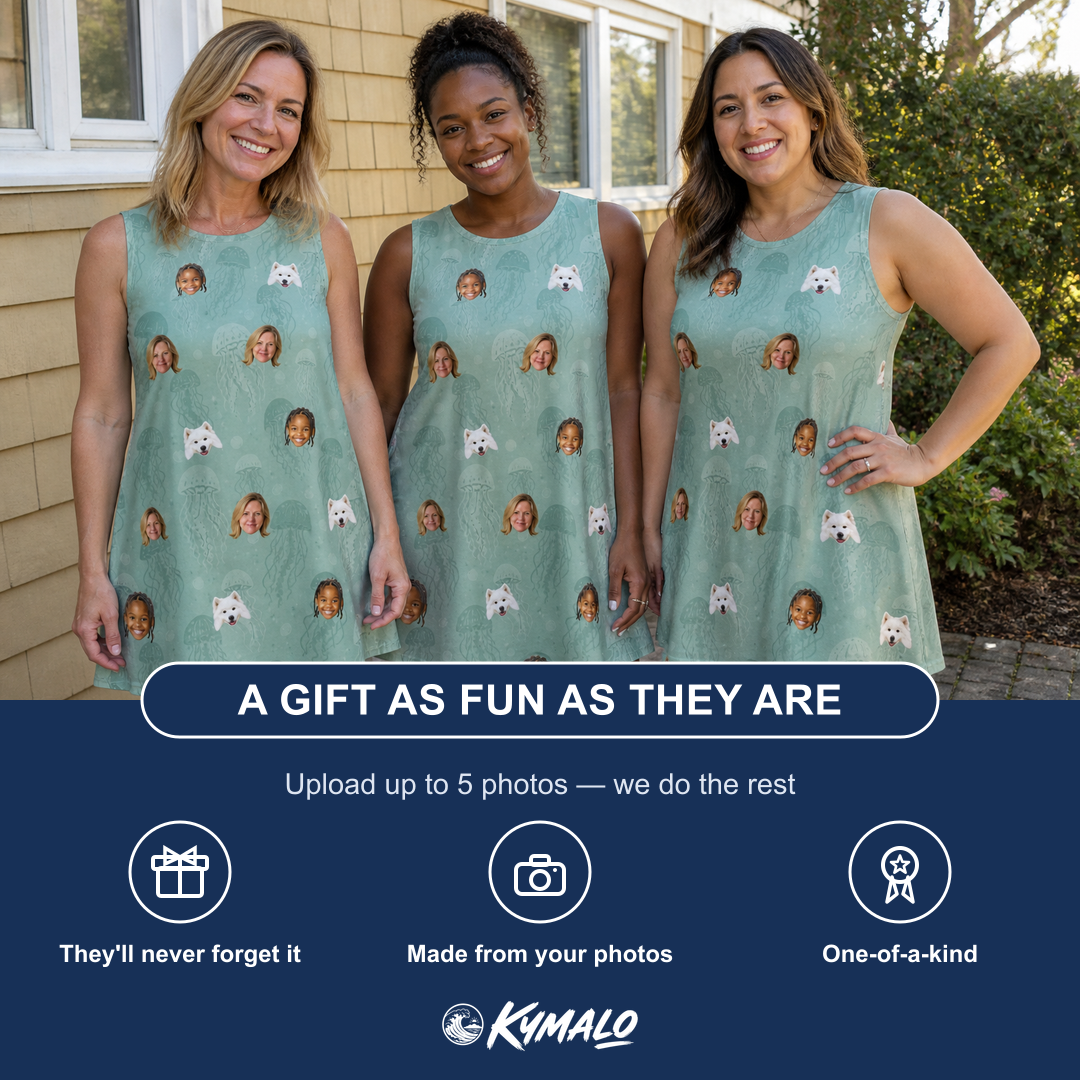 Friends in matching Women's Jelly Jaunt Custom Face Tank Dress — a group gift photo