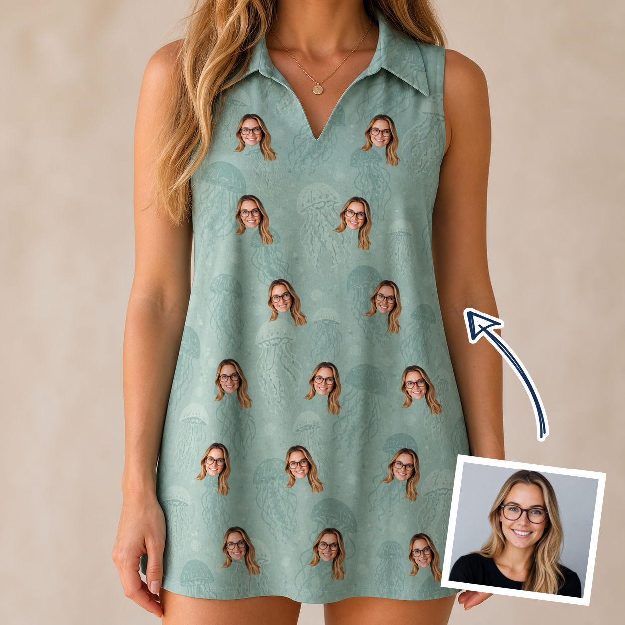 Woman wearing Women's Jelly Jaunt Custom Face V-Neck Dress — custom faces printed all-over