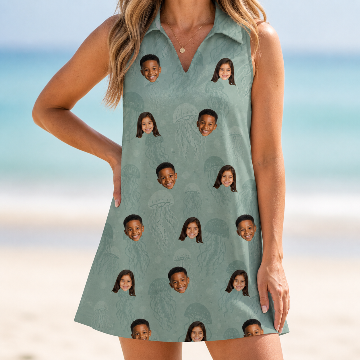 Model wearing Women's Jelly Jaunt Custom Face V-Neck Dress printed with kids' faces