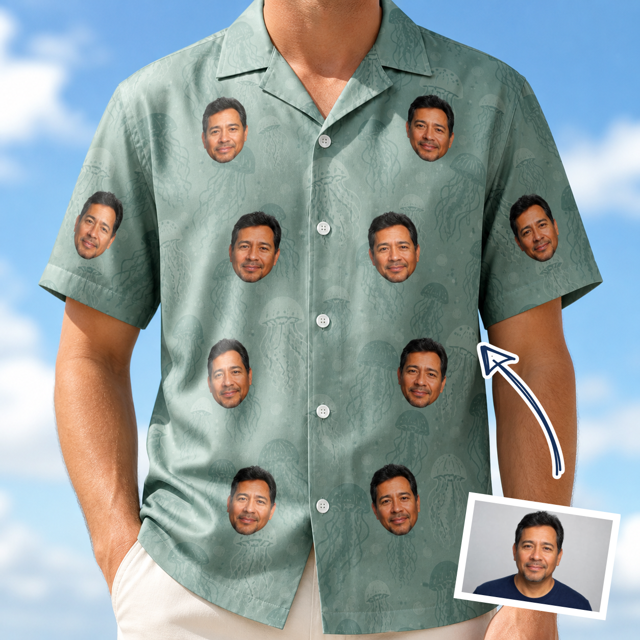 Man wearing Men's Jelly Jaunt Custom Face Hawaiian Shirt — custom faces printed all-over
