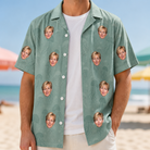 Man wearing Men's Jelly Jaunt Custom Face Hawaiian Shirt open over a white tee