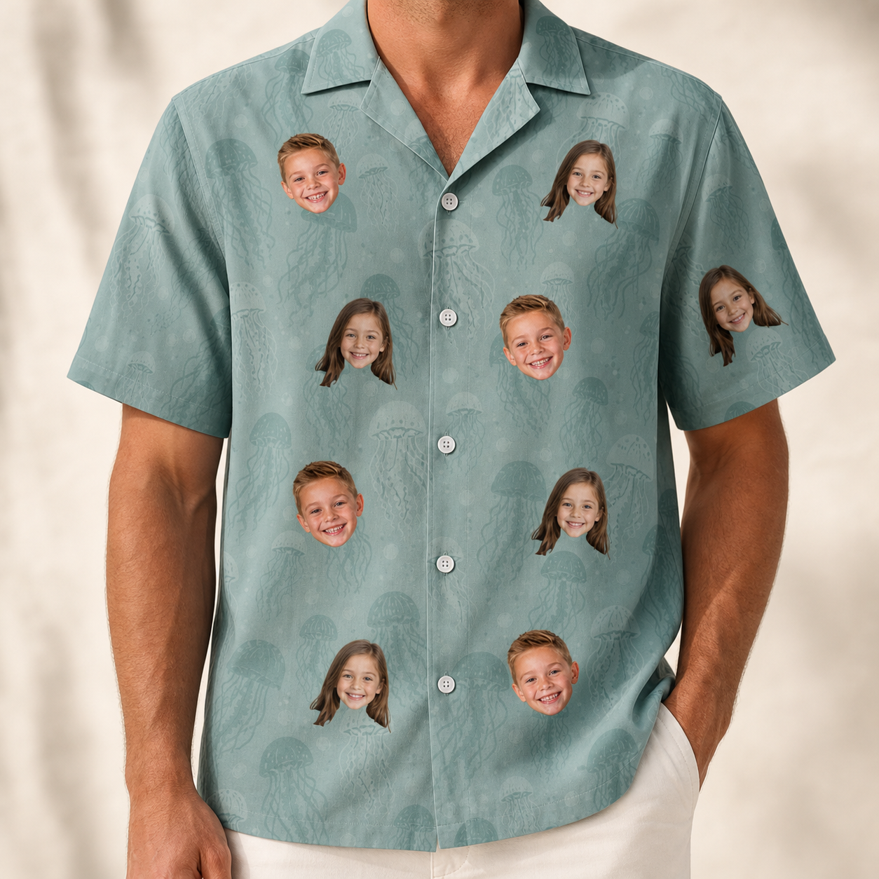 Model wearing Men's Jelly Jaunt Custom Face Hawaiian Shirt printed with kids' faces