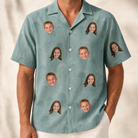 Model wearing Men's Jelly Jaunt Custom Face Hawaiian Shirt printed with kids' faces