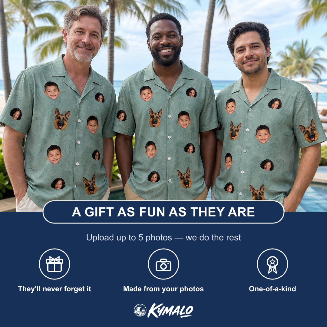 Friends in matching Men's Jelly Jaunt Custom Face Hawaiian Shirt — a group gift photo