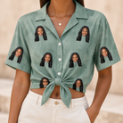Woman wearing Women's Jelly Jaunt Custom Face Hawaiian Shirt tied at the waist