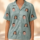 Model wearing Women's Jelly Jaunt Custom Face Hawaiian Shirt printed with kids' faces