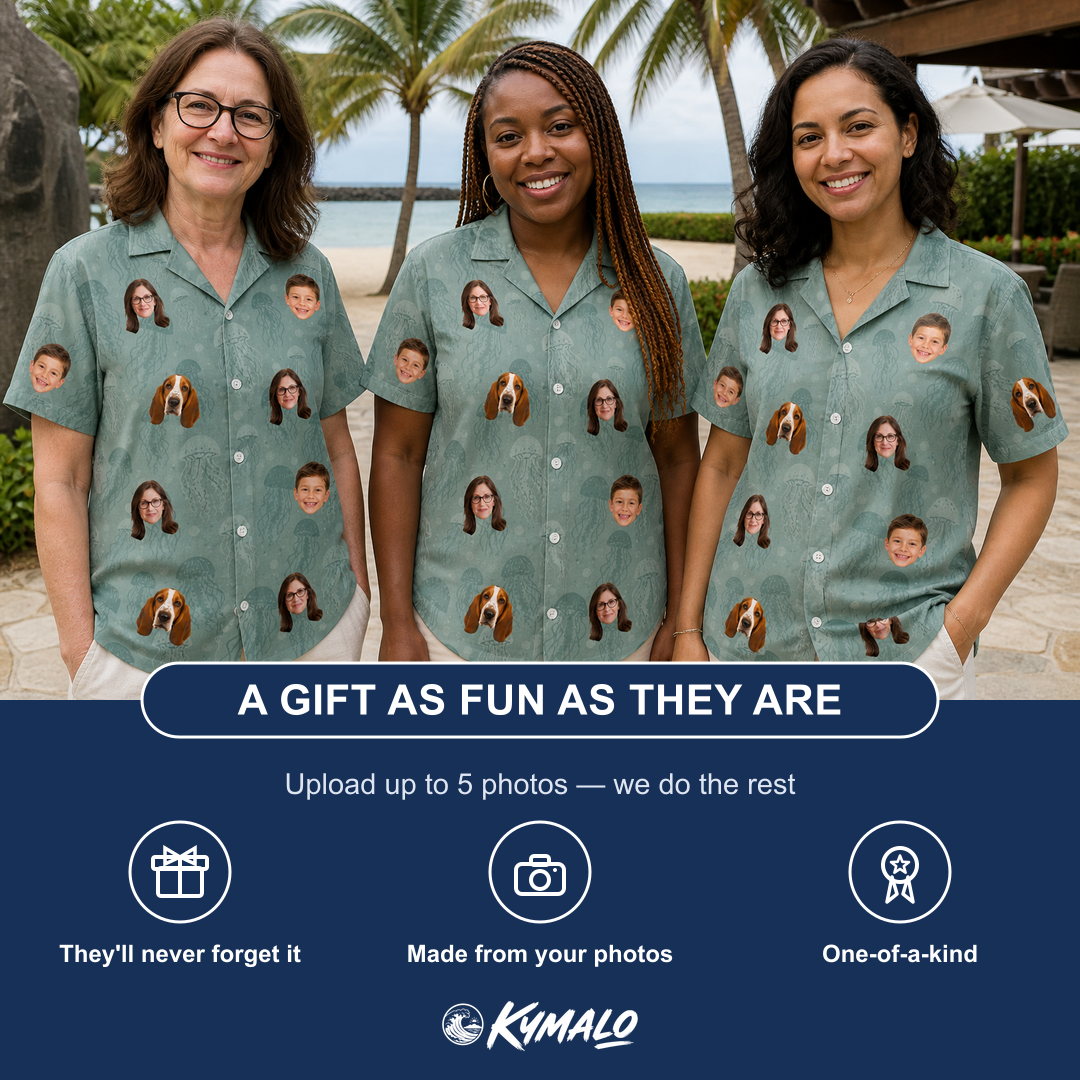 Friends in matching Women's Jelly Jaunt Custom Face Hawaiian Shirt — a group gift photo