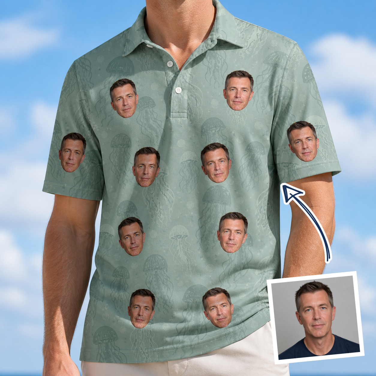 Man wearing Men's Jelly Jaunt Custom Face Polo Shirt — custom faces printed all-over