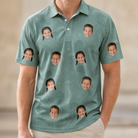 Model wearing Men's Jelly Jaunt Custom Face Polo Shirt printed with kids' faces