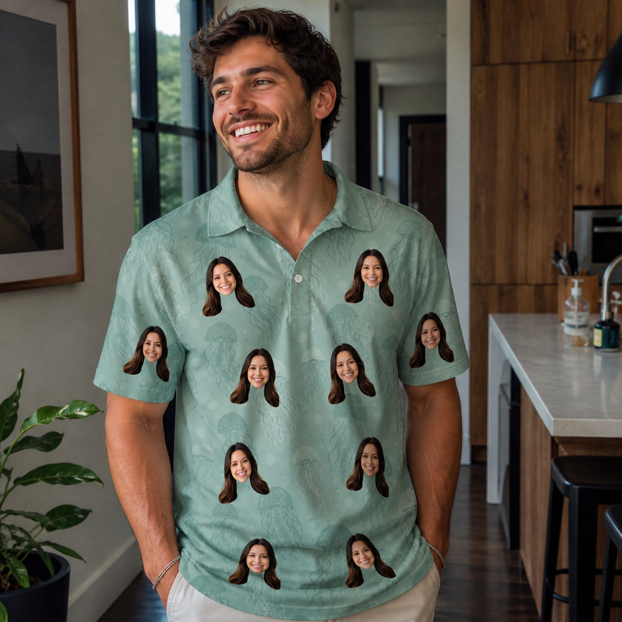 Real-life photo of someone wearing Men's Jelly Jaunt Custom Face Polo Shirt — custom faces printed all-over