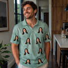 Real-life photo of someone wearing Men's Jelly Jaunt Custom Face Polo Shirt — custom faces printed all-over
