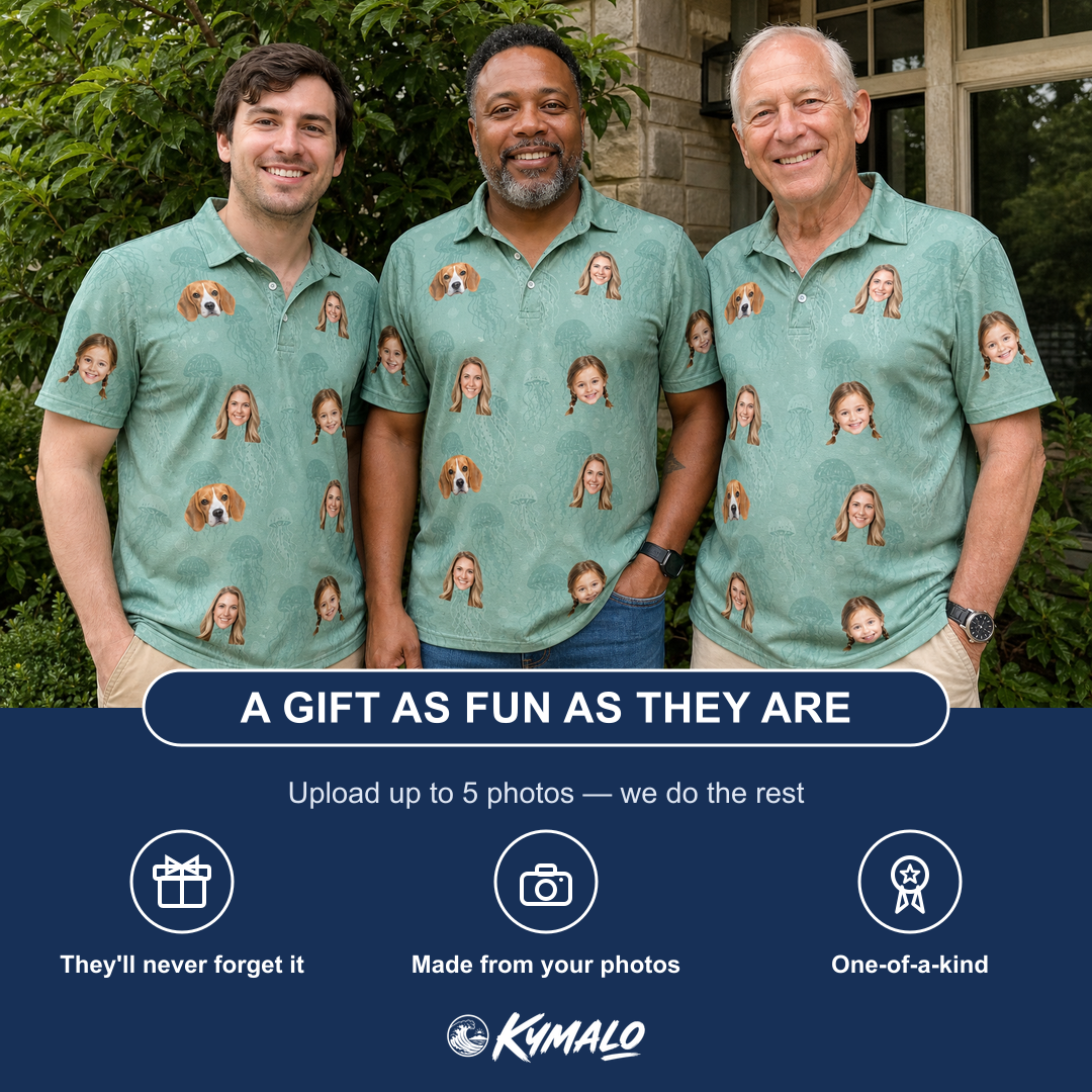 Friends in matching Men's Jelly Jaunt Custom Face Polo Shirt — a group gift photo