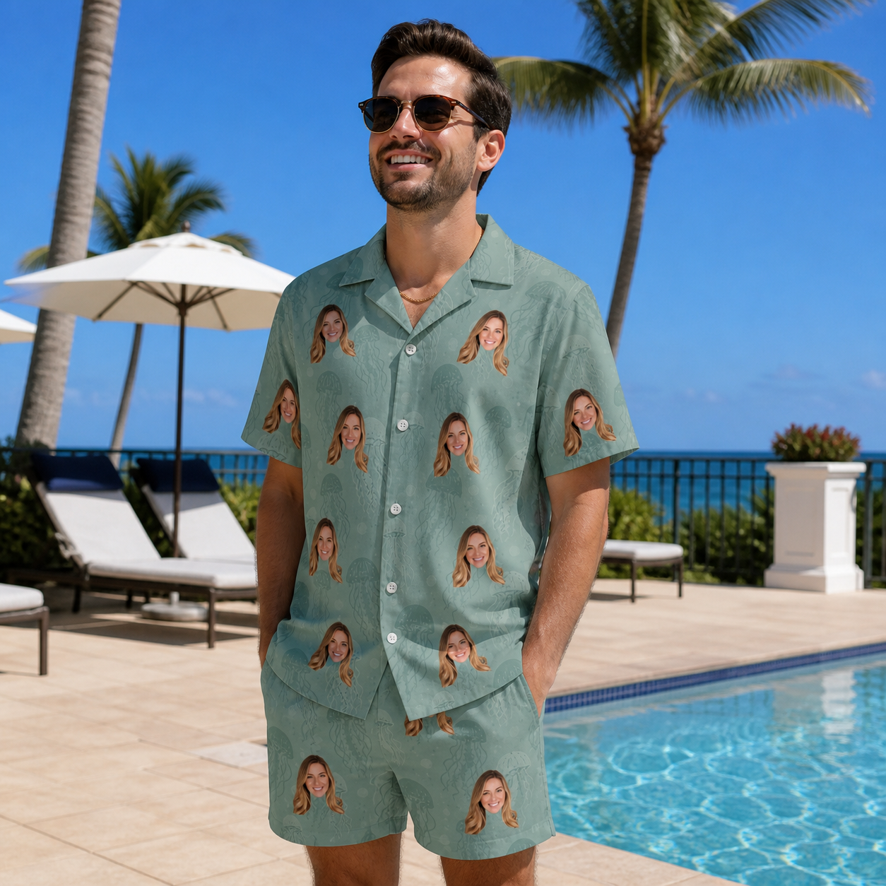 Real-life photo of someone wearing Men's Jelly Jaunt Custom Face Shirt & Shorts Set — custom faces printed all-over
