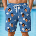 Model wearing Men's Starfish Swerve Custom Face Beach Shorts printed with kids' faces