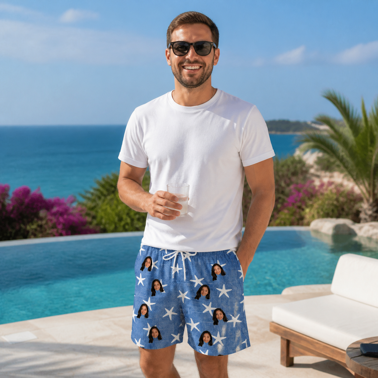 Real-life photo of someone wearing Men's Starfish Swerve Custom Face Beach Shorts — custom faces printed all-over