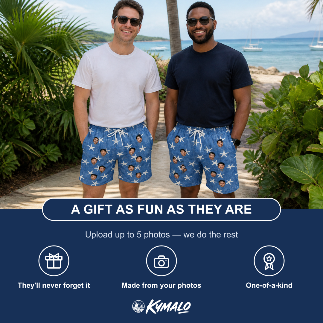 Friends in matching Men's Starfish Swerve Custom Face Beach Shorts — a group gift photo