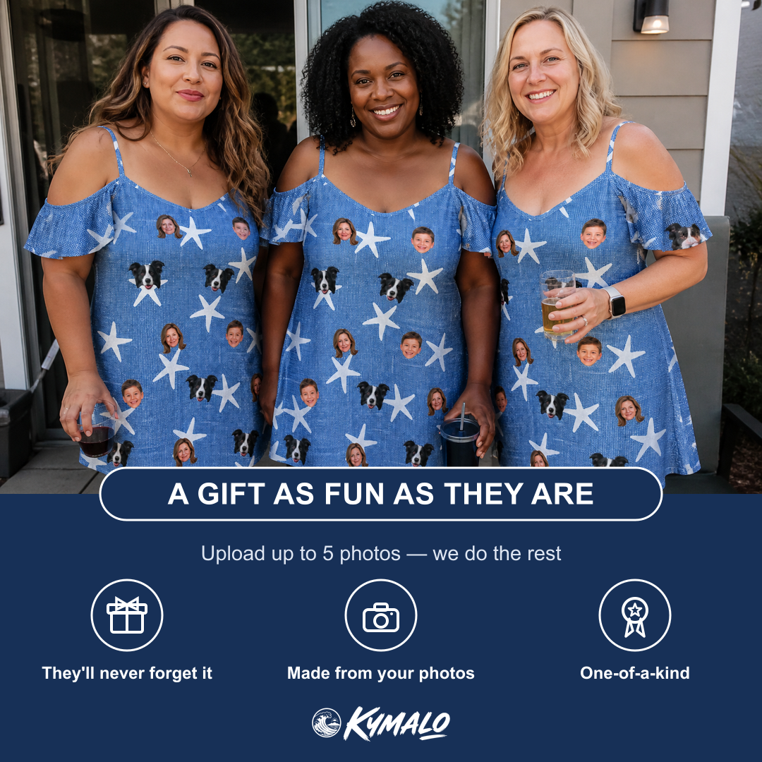 Friends in matching Women's Starfish Swerve Custom Face Off-Shoulder Dress — a group gift photo