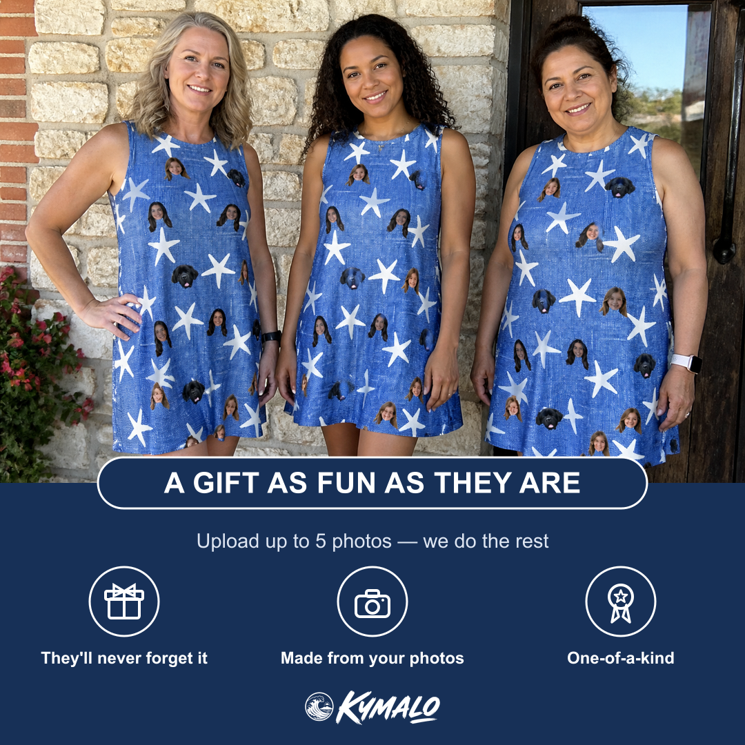 Friends in matching Women's Starfish Swerve Custom Face Tank Dress — a group gift photo