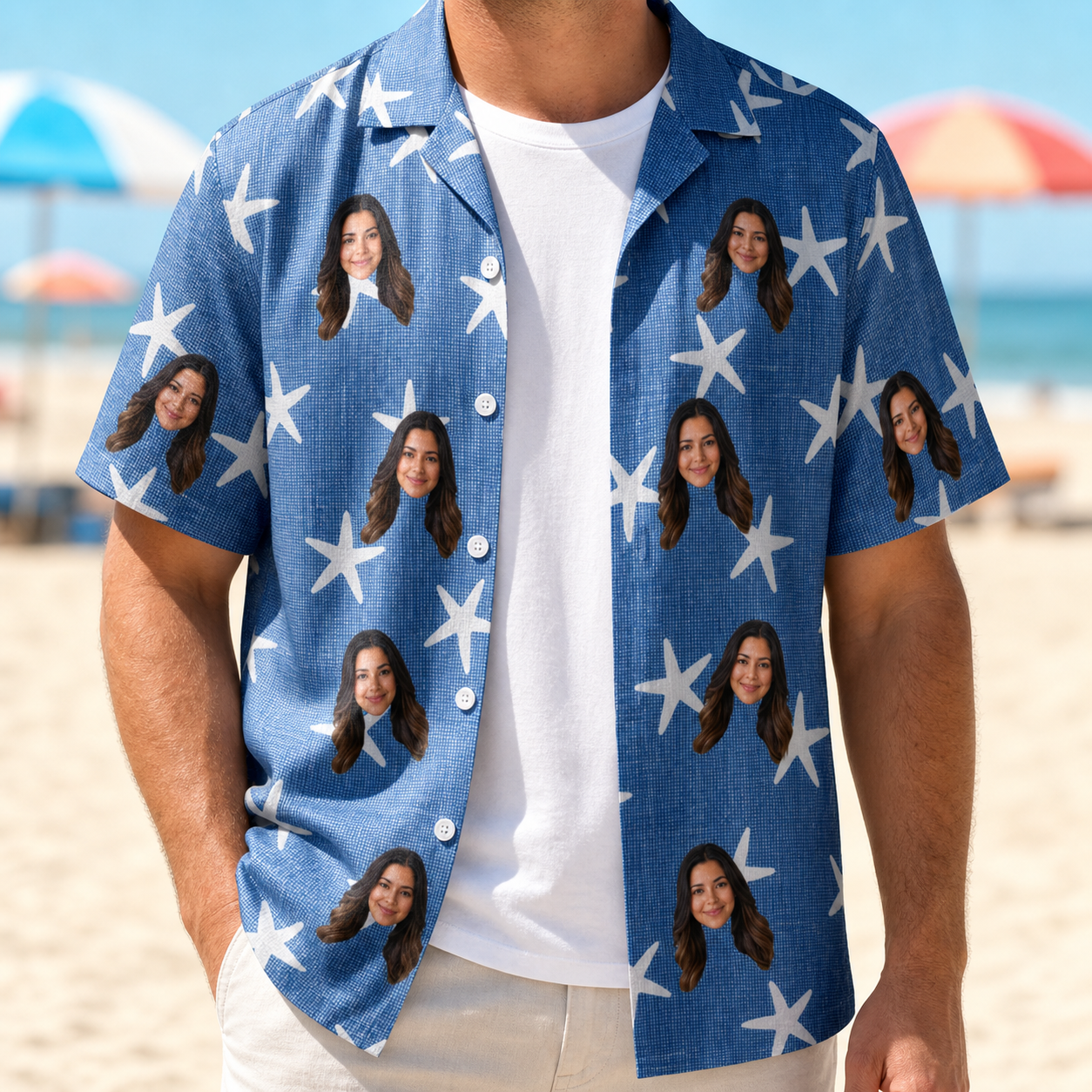 Man wearing Men's Starfish Swerve Custom Face Hawaiian Shirt open over a white tee