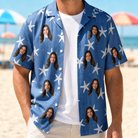 Man wearing Men's Starfish Swerve Custom Face Hawaiian Shirt open over a white tee