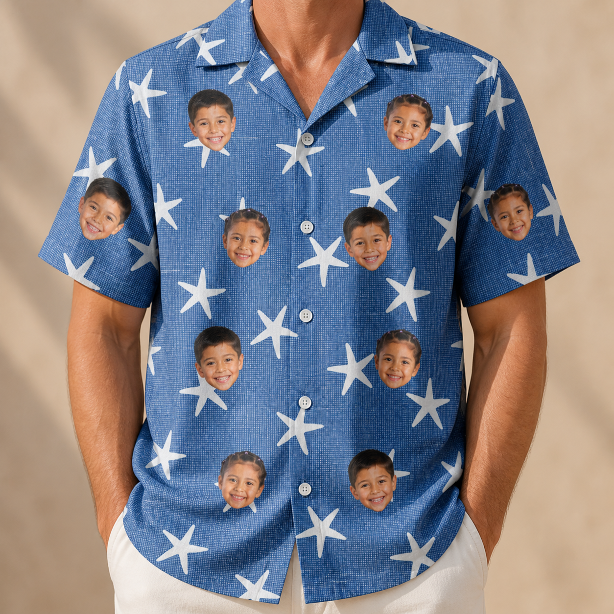 Model wearing Men's Starfish Swerve Custom Face Hawaiian Shirt printed with kids' faces