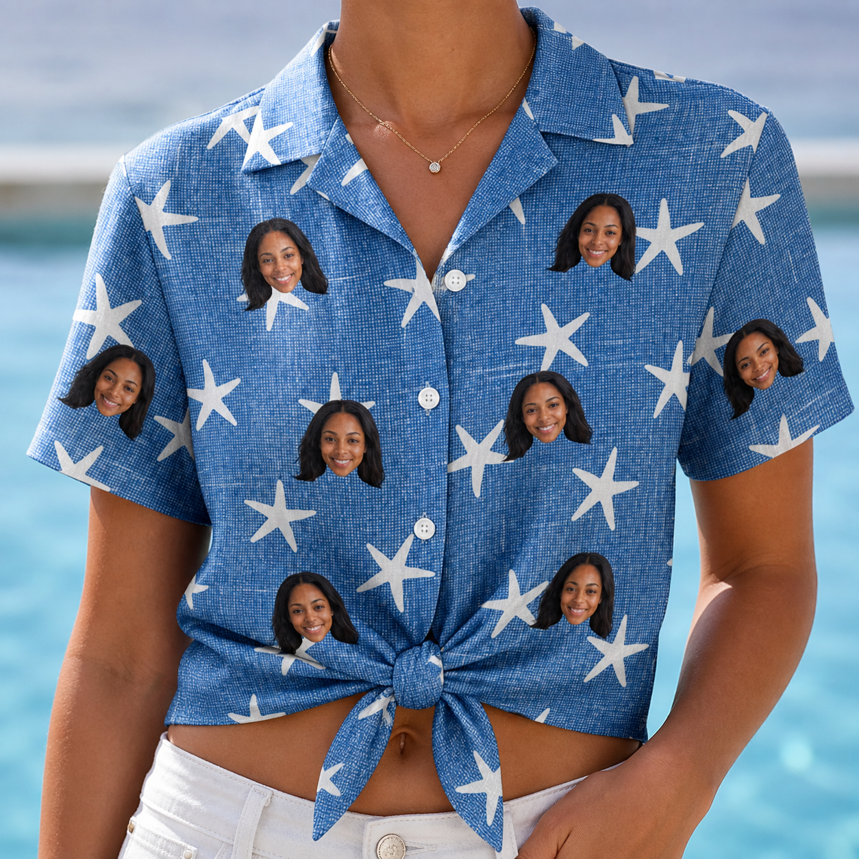 Woman wearing Women's Starfish Swerve Custom Face Hawaiian Shirt tied at the waist