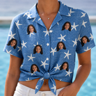 Woman wearing Women's Starfish Swerve Custom Face Hawaiian Shirt tied at the waist