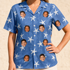 Model wearing Women's Starfish Swerve Custom Face Hawaiian Shirt printed with kids' faces