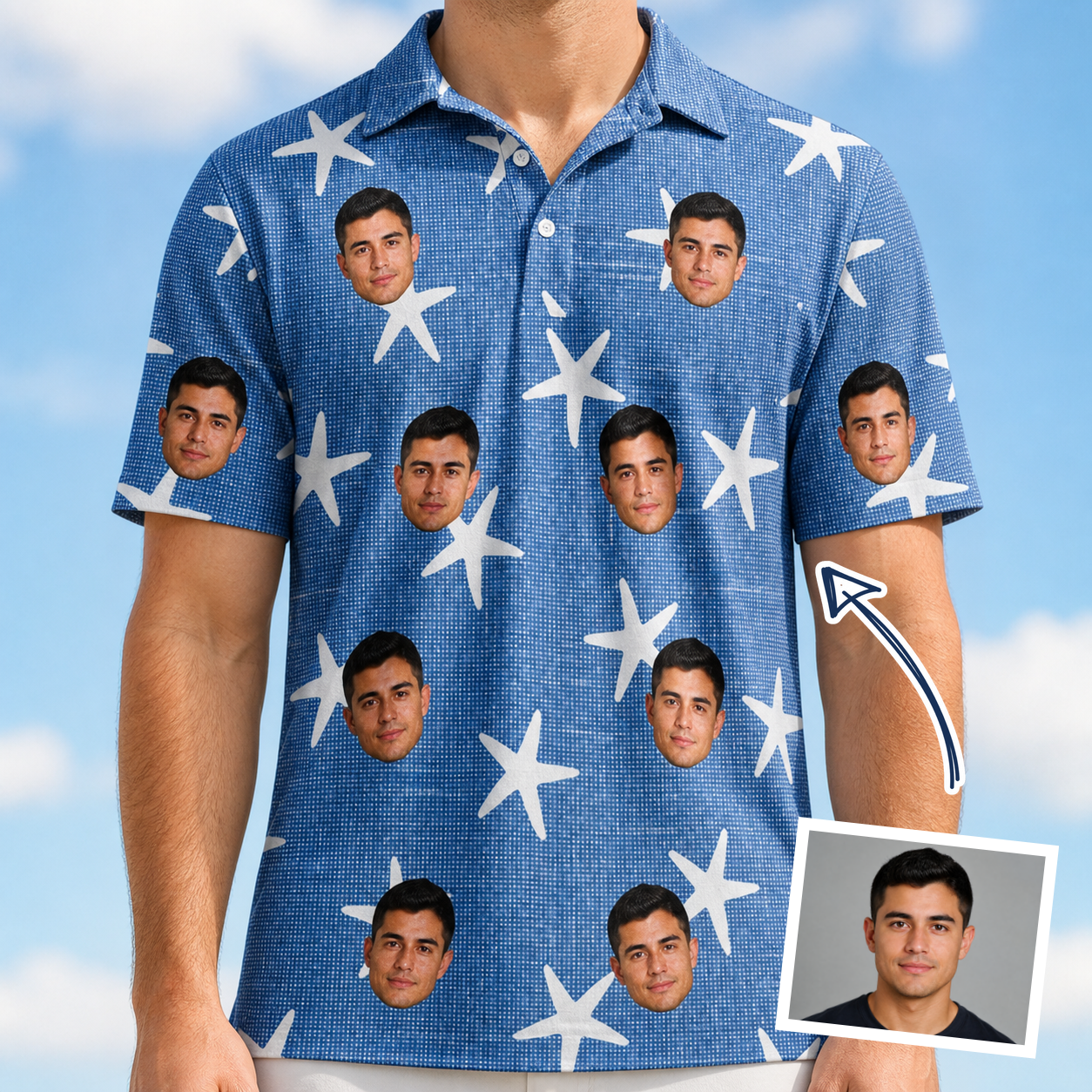 Man wearing Men's Starfish Swerve Custom Face Polo Shirt — custom faces printed all-over