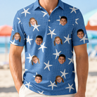 Model wearing Men's Starfish Swerve Custom Face Polo Shirt printed with kids' faces
