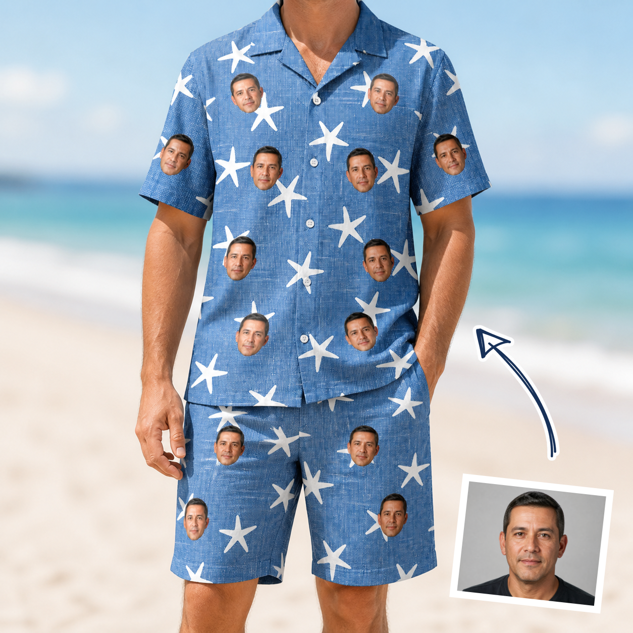 Man wearing Men's Starfish Swerve Custom Face Shirt & Shorts Set — custom faces printed all-over