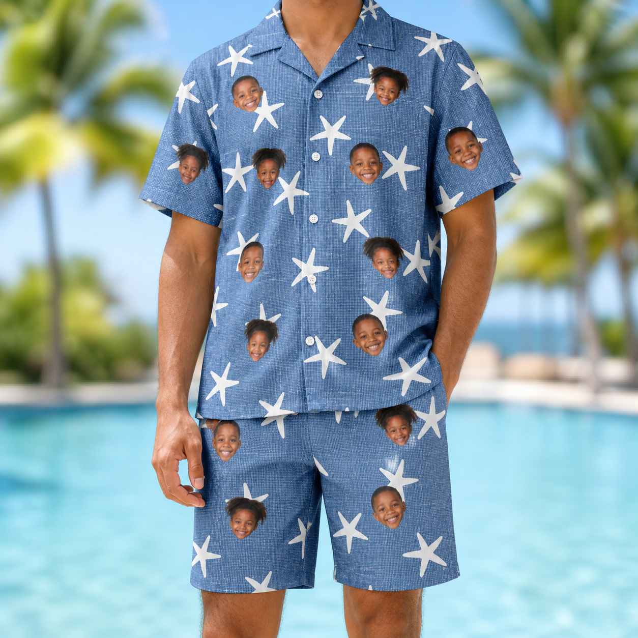 Model wearing Men's Starfish Swerve Custom Face Shirt & Shorts Set printed with kids' faces