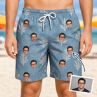 Man wearing Men's Polyp Parade Custom Face Beach Shorts — custom faces printed all-over