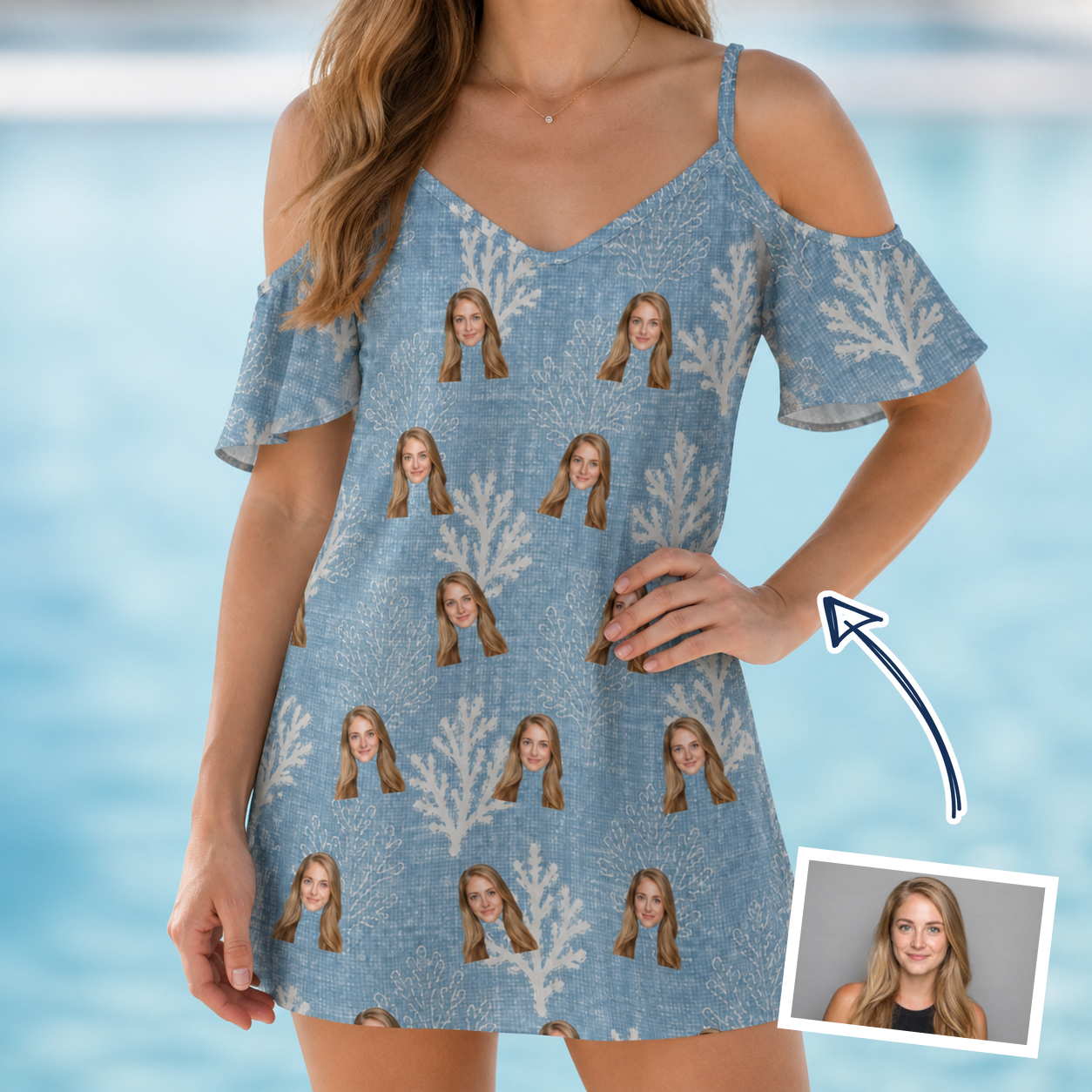 Woman wearing Women's Polyp Parade Custom Face Off-Shoulder Dress — custom faces printed all-over