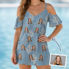 Woman wearing Women's Polyp Parade Custom Face Off-Shoulder Dress — custom faces printed all-over