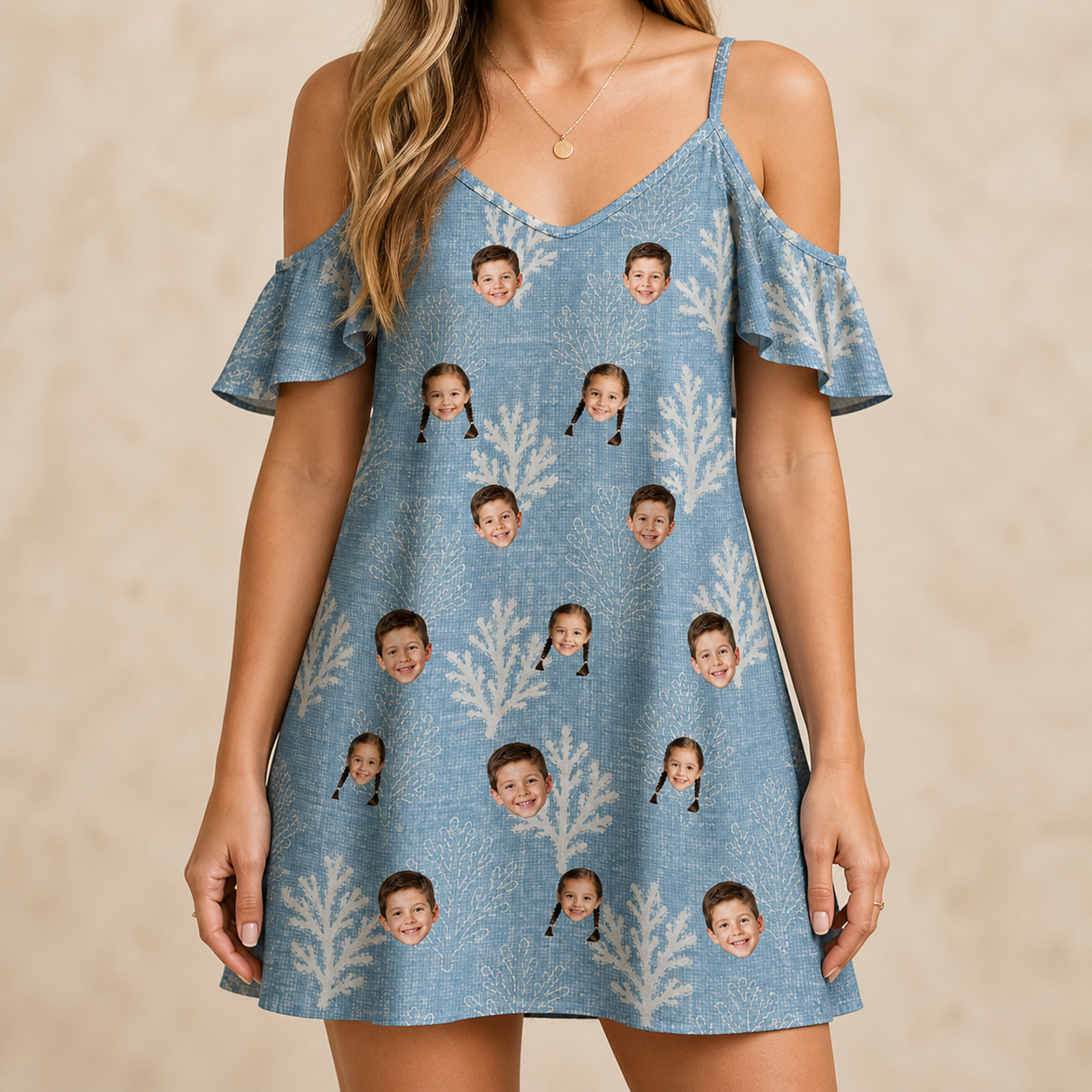 Model wearing Women's Polyp Parade Custom Face Off-Shoulder Dress printed with kids' faces