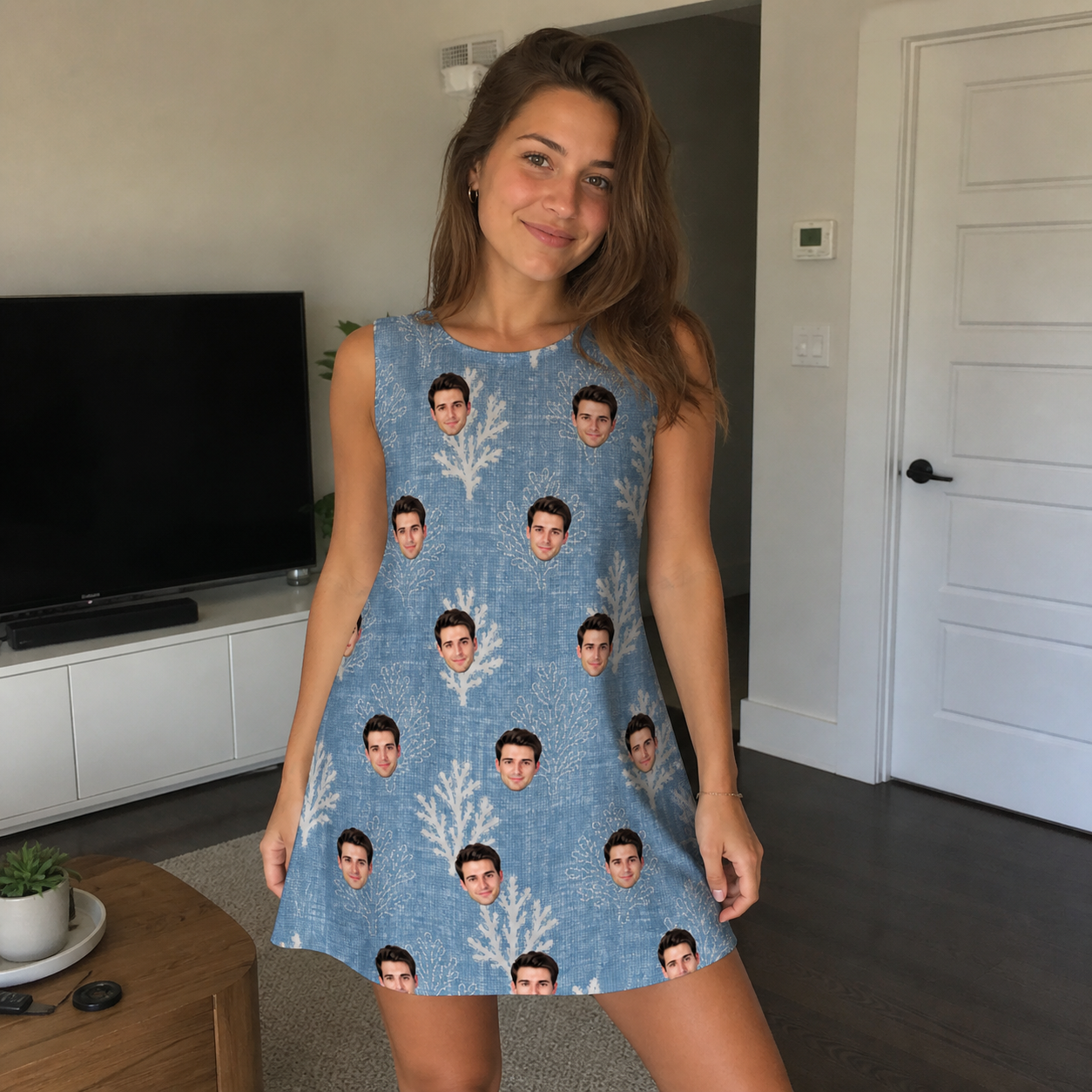 Real-life photo of someone wearing Women's Polyp Parade Custom Face Tank Dress — custom faces printed all-over