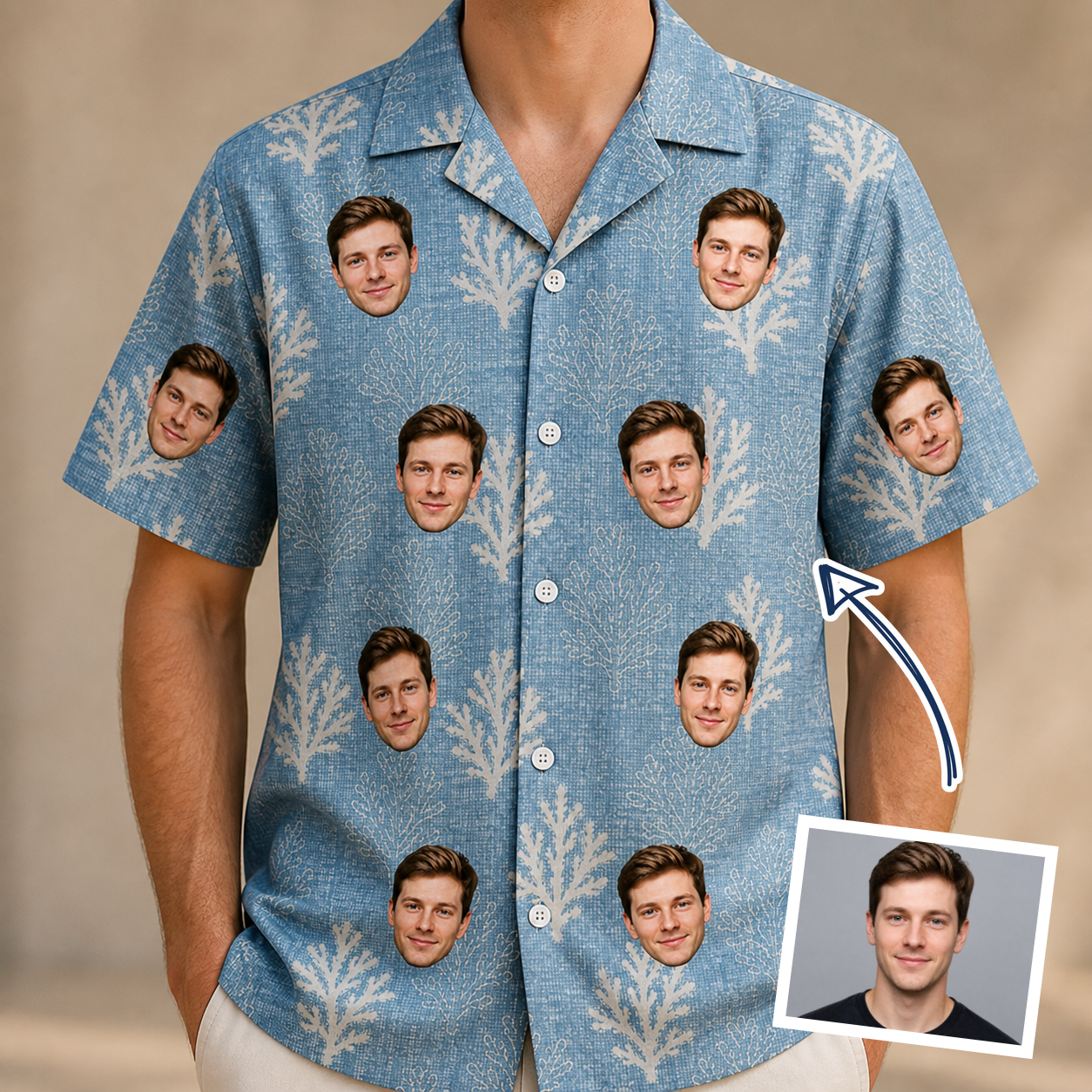 Man wearing Men's Polyp Parade Custom Face Hawaiian Shirt — custom faces printed all-over