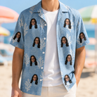 Man wearing Men's Polyp Parade Custom Face Hawaiian Shirt open over a white tee