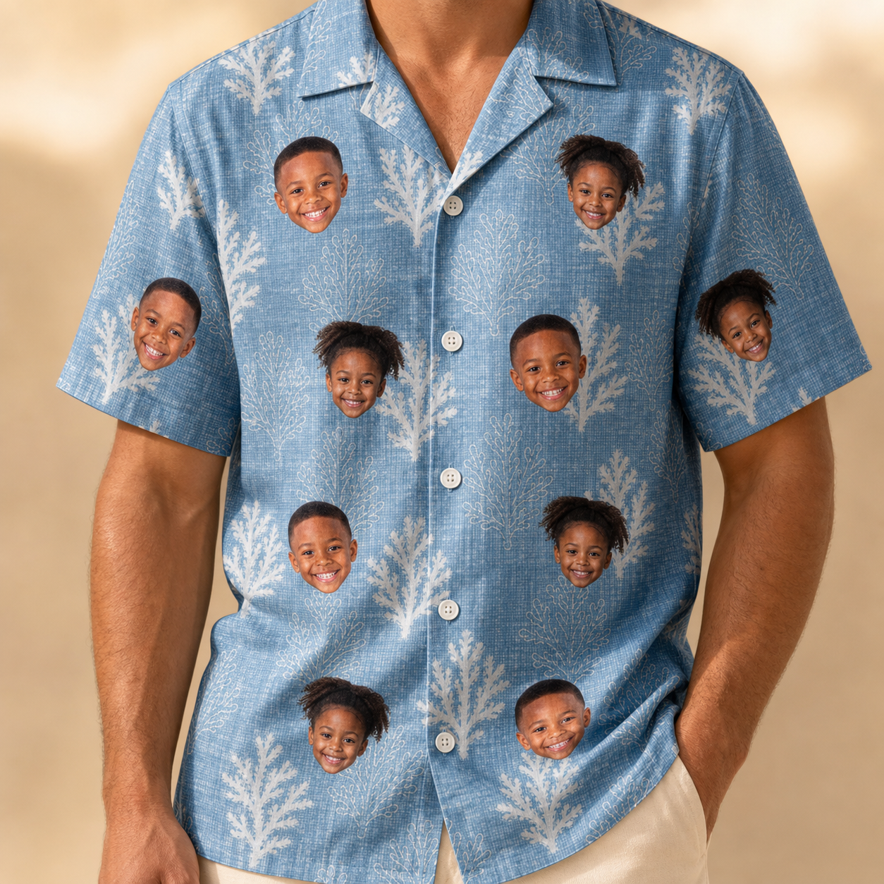 Model wearing Men's Polyp Parade Custom Face Hawaiian Shirt printed with kids' faces