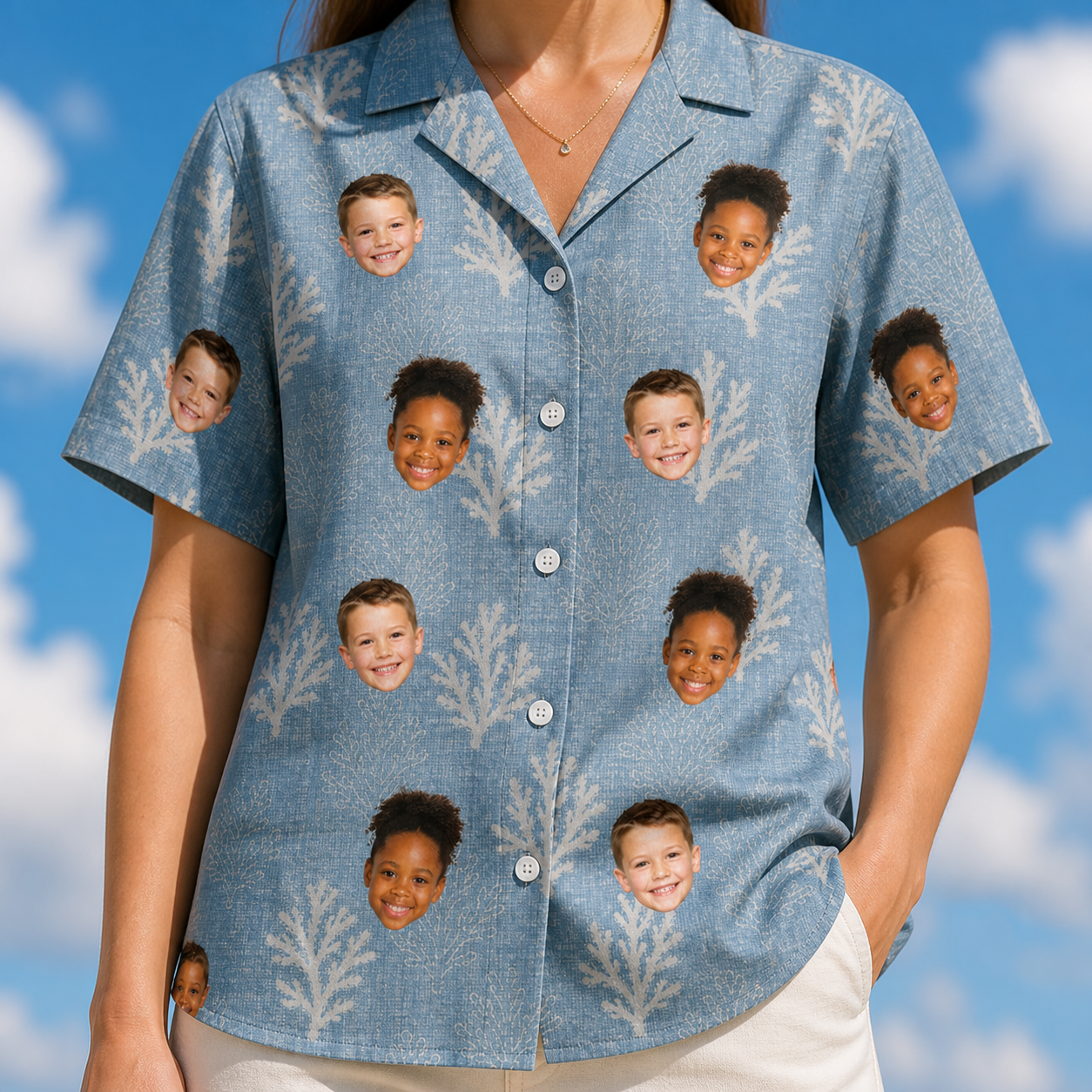 Model wearing Women's Polyp Parade Custom Face Hawaiian Shirt printed with kids' faces