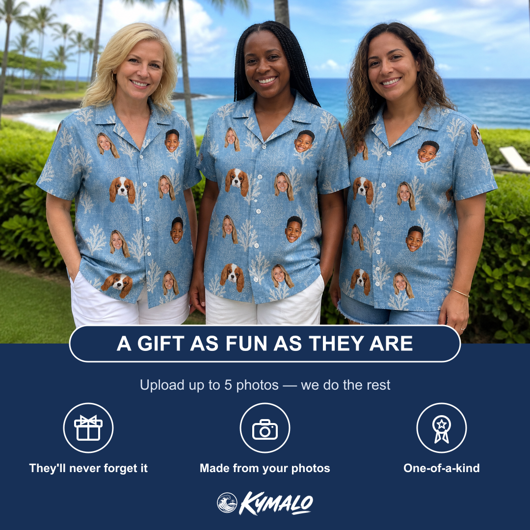 Friends in matching Women's Polyp Parade Custom Face Hawaiian Shirt — a group gift photo