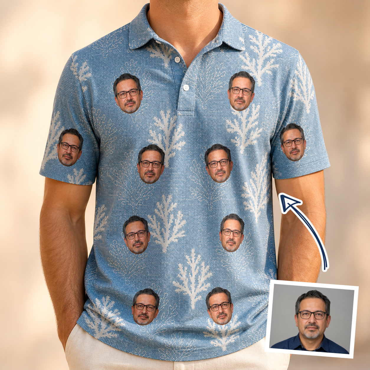 Man wearing Men's Polyp Parade Custom Face Polo Shirt — custom faces printed all-over